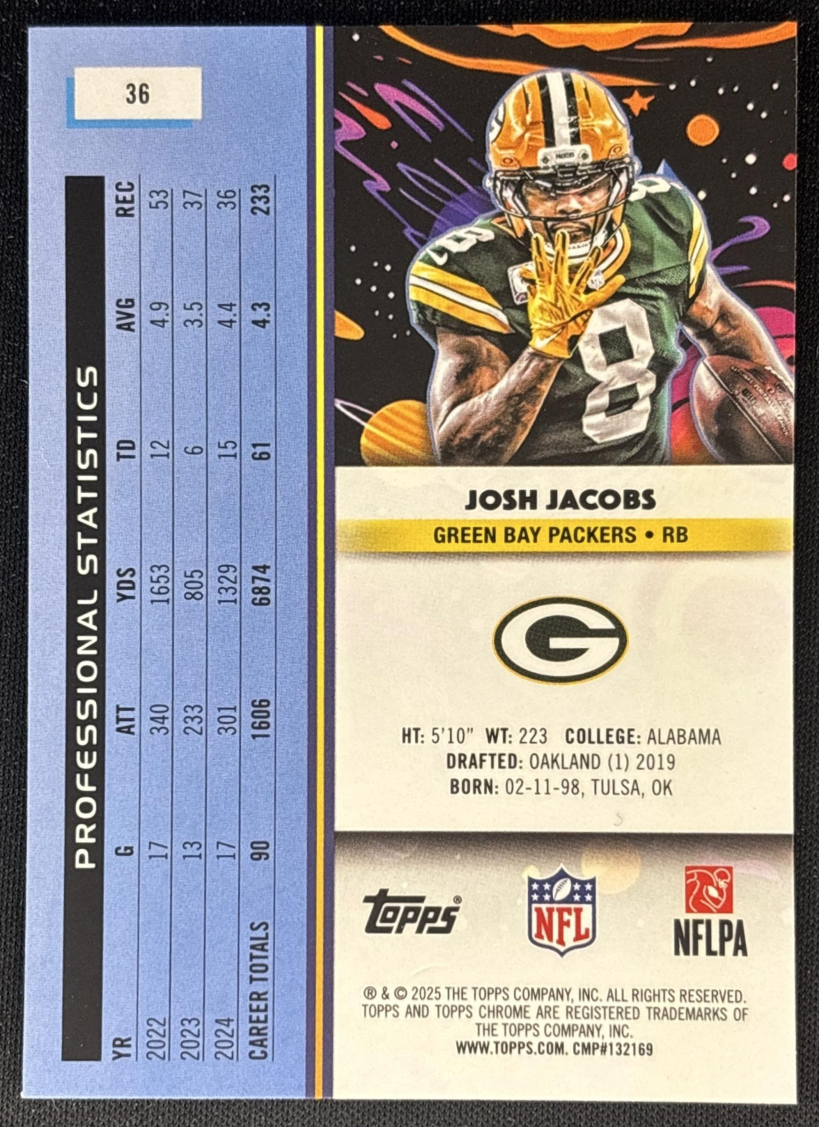 Josh Jacobs 2025 Topps Cosmic Chrome Aqua Equinox Refractor /199 Packers back