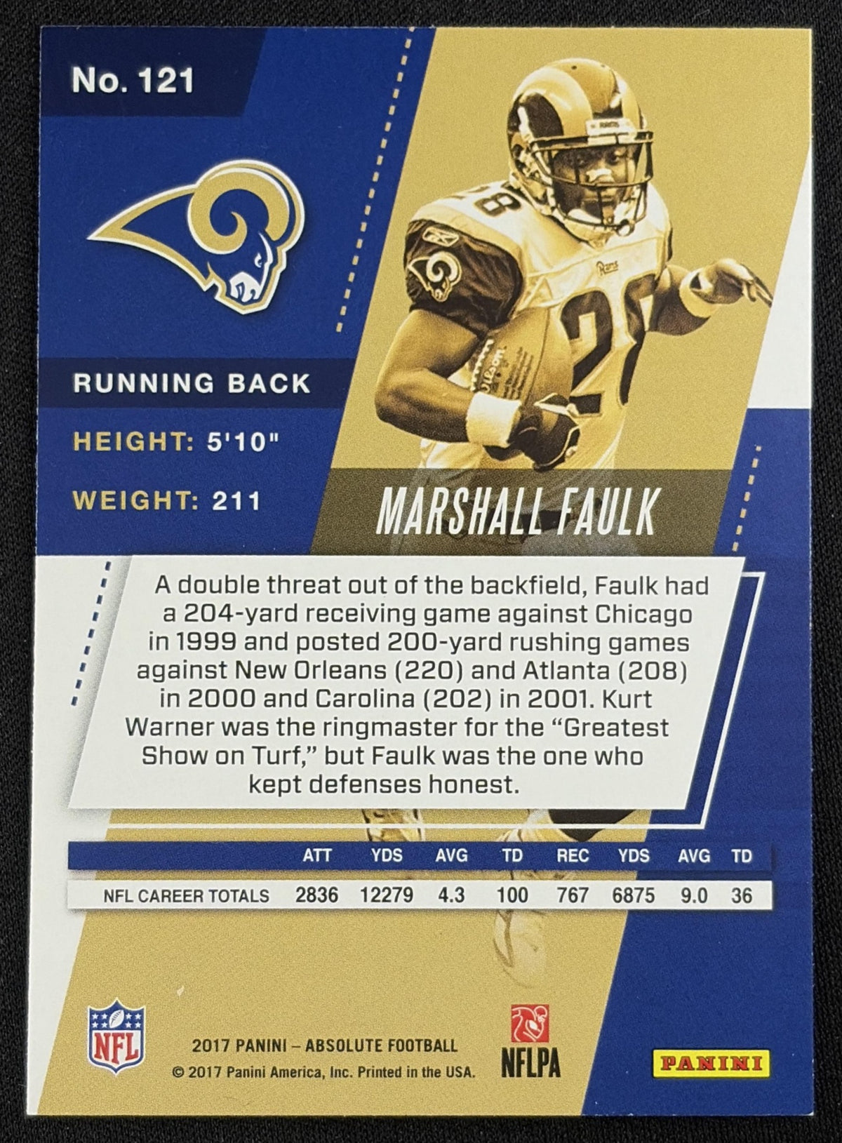 Marshall Faulk 2017 Panini Absolute /499 Rams sports trading card back