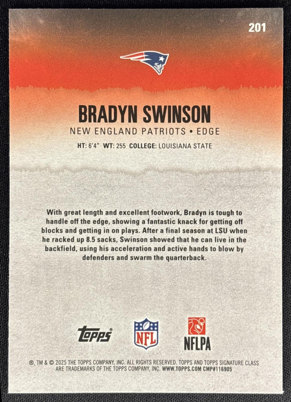 Bradyn Swinson 2025 Topps Signature Class Chrome Rookie Patriots Sports Trading Cards
