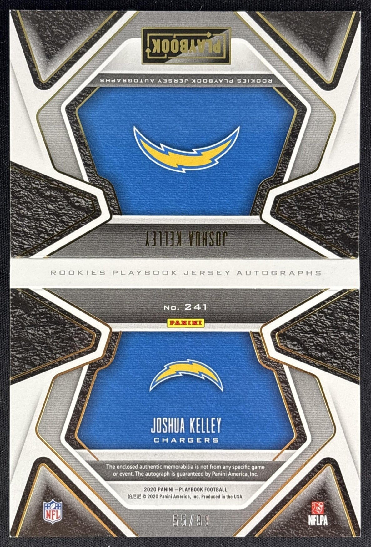 Joshua Kelley 2020 Panini Playbook Gold Patch Auto Booklet /99 Chargers back