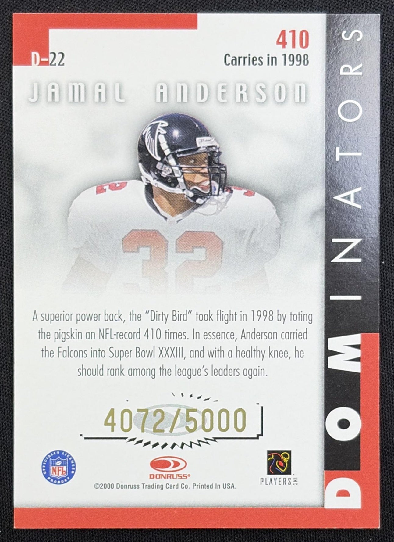 Jamal Anderson 2000 Donruss Dominators /5000 Falcons Atlanta Falcons
