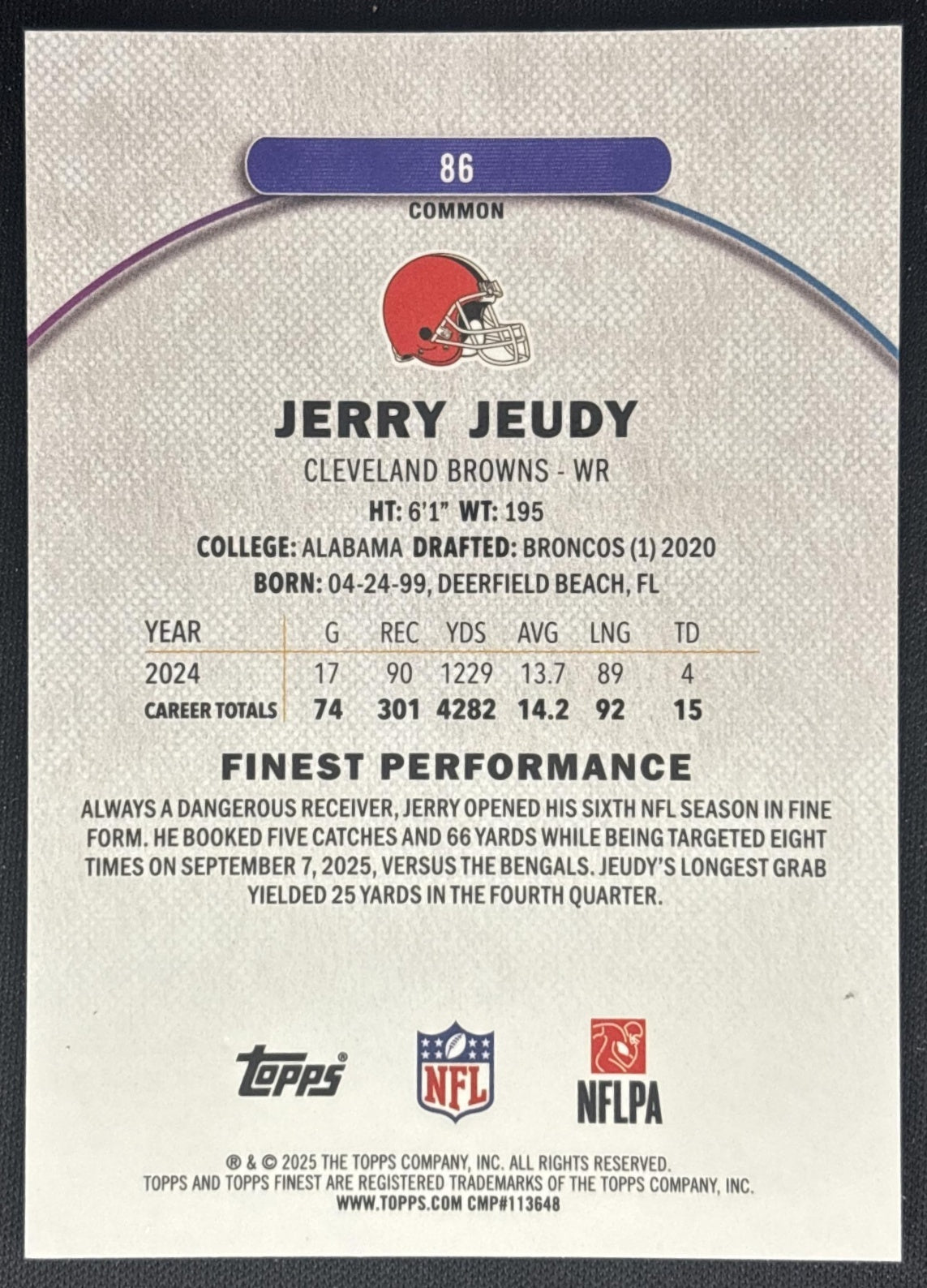 Jerry Jeudy 2025 Topps Finest Purple Refractor /250 Browns back