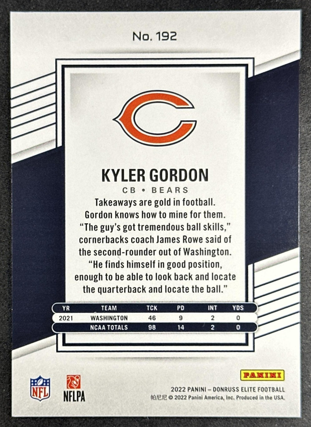 Kyler Gordon 2022 Panini Donruss Elite Purple /99 Bears Sports Trading Card
