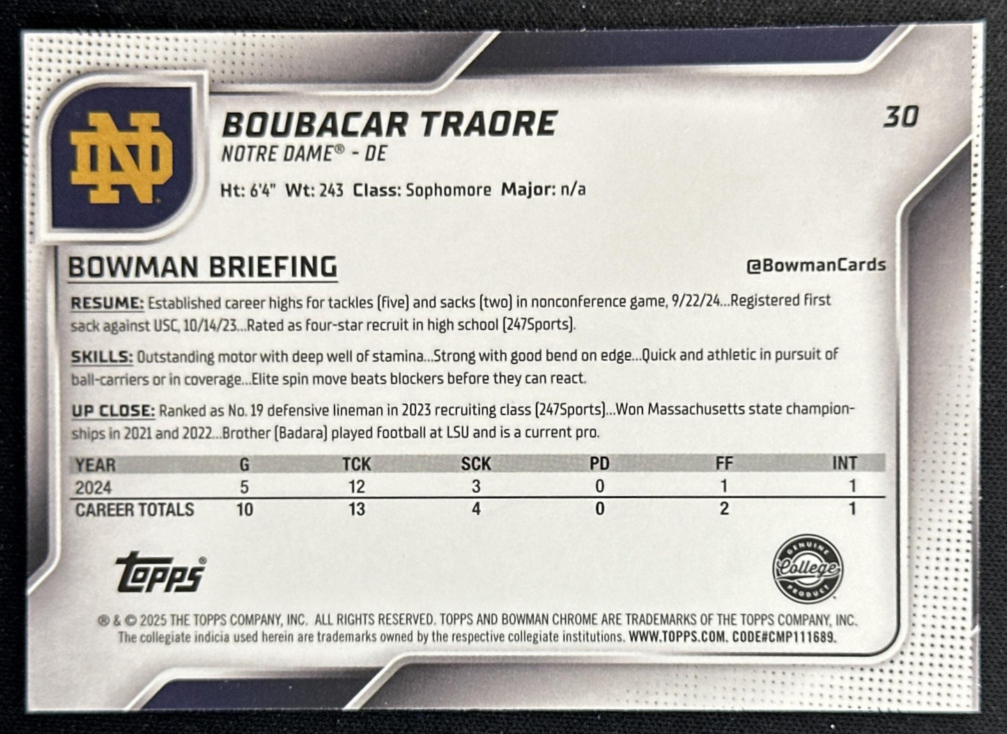 Boubacar Traore 2025 Chrome University Prospects Lime Green Mini-Diamond Refractor /275 Fighting Irish
