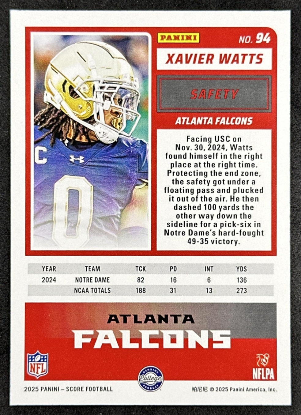 Xavier Watts 2025 Panini Score Rookies Falcons