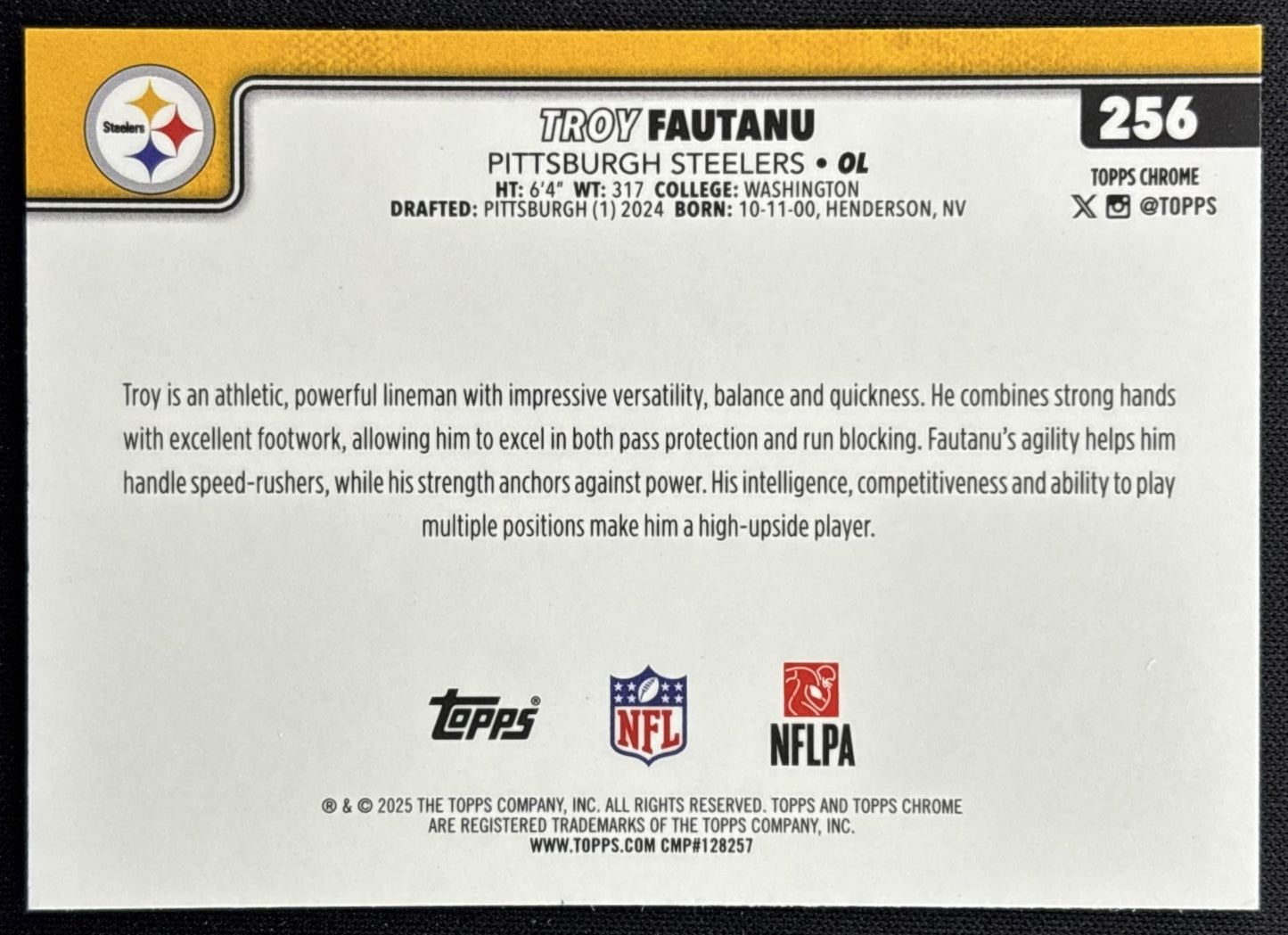 Troy Fautanu 2025 Topps Chrome X-Fractor Steelers back