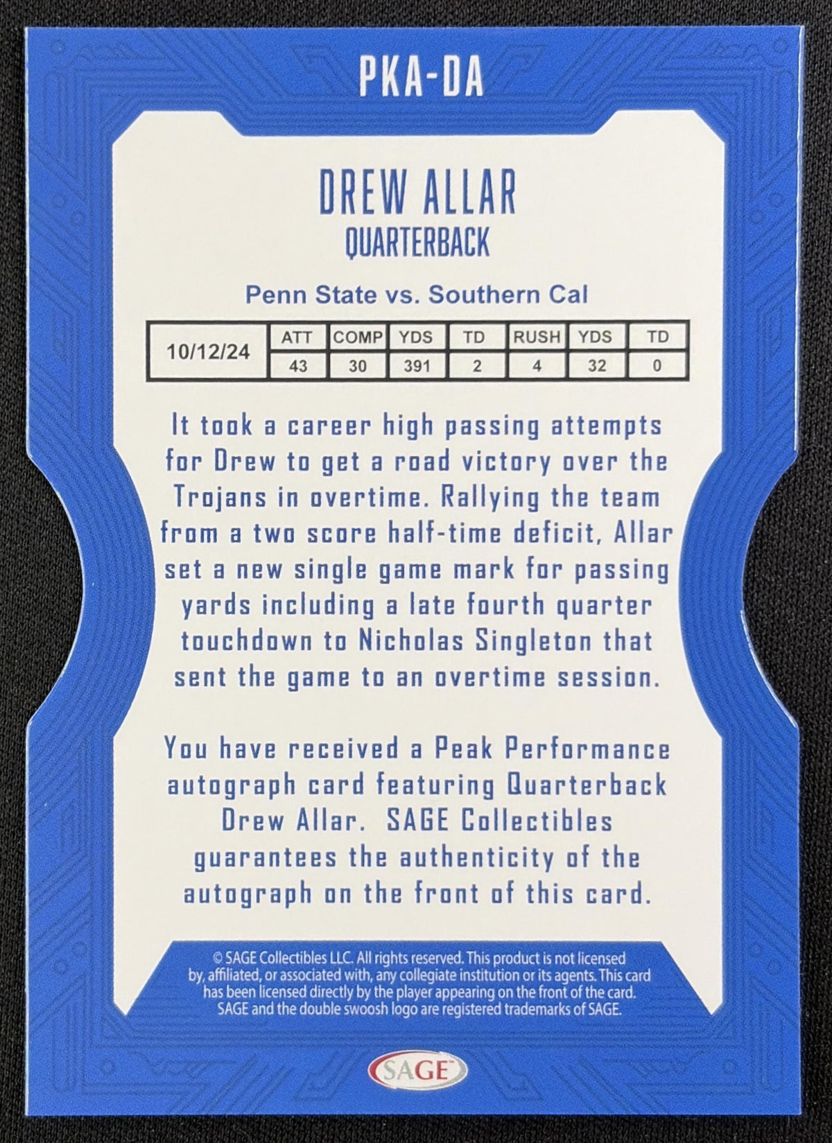 Drew Allar 2026 SAGE Peak Performance Signatures Red High Series Nittany Lions