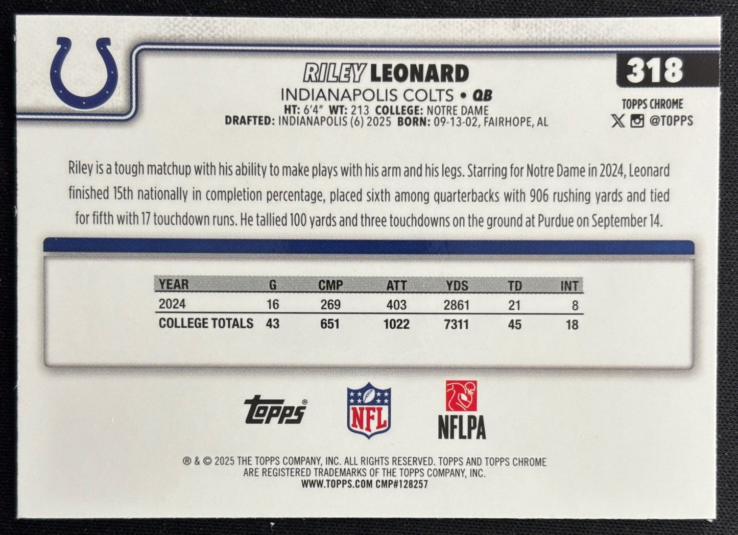 Riley Leonard 2025 Chrome Rookie Colts Sports Trading Cards