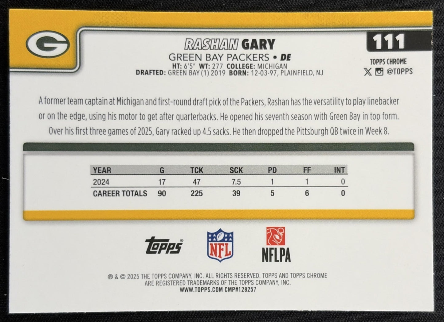 Rashan Gary 2025 Topps Chrome Pulsar Refractor Packers