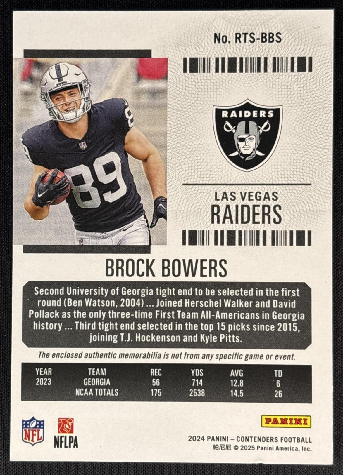Brock Bowers 2024 Panini Contenders Rookie Ticket Swatches Raiders