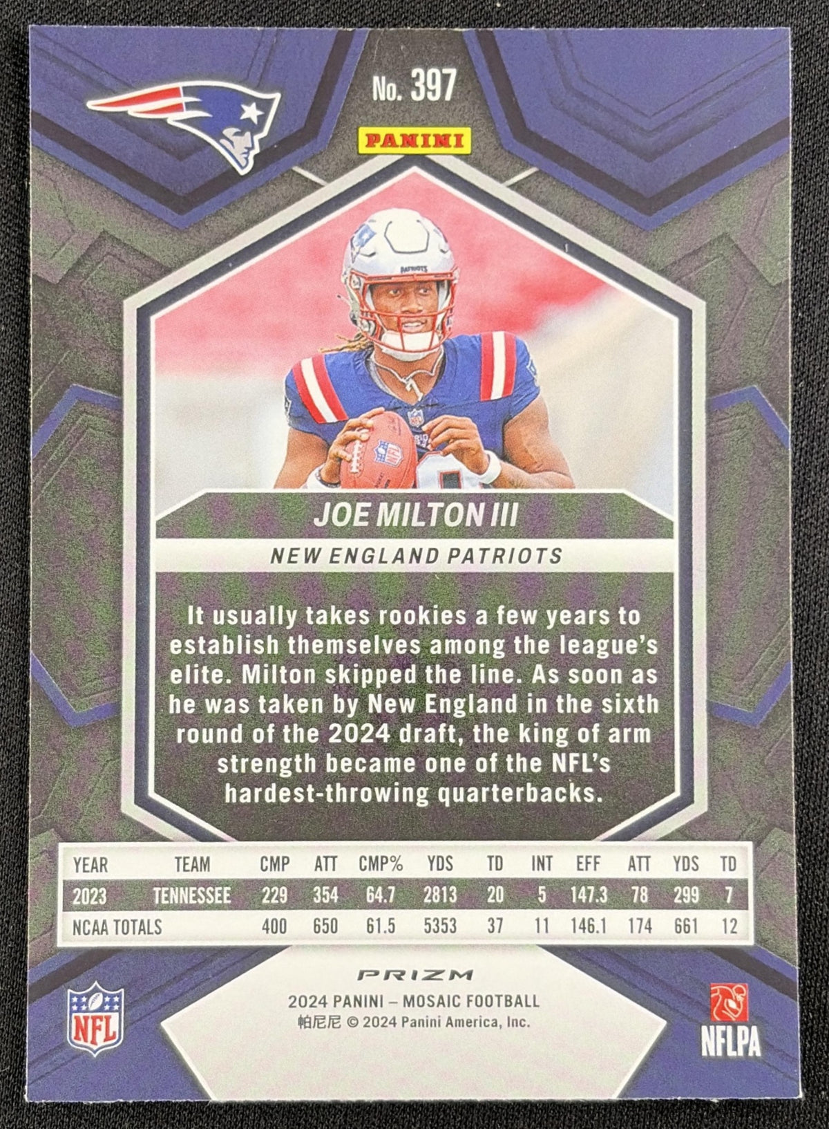 Joe Milton III 2024 Panini Mosaic Prizm Patriots Sports Trading Card