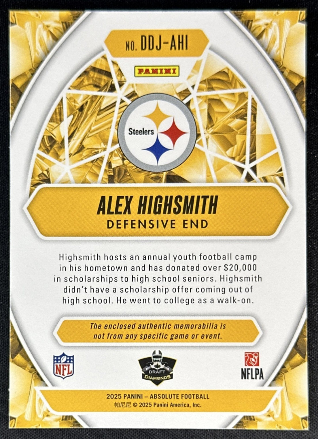 Alex Highsmith 2025 Panini Absolute Draft Diamonds Jersey Steelers