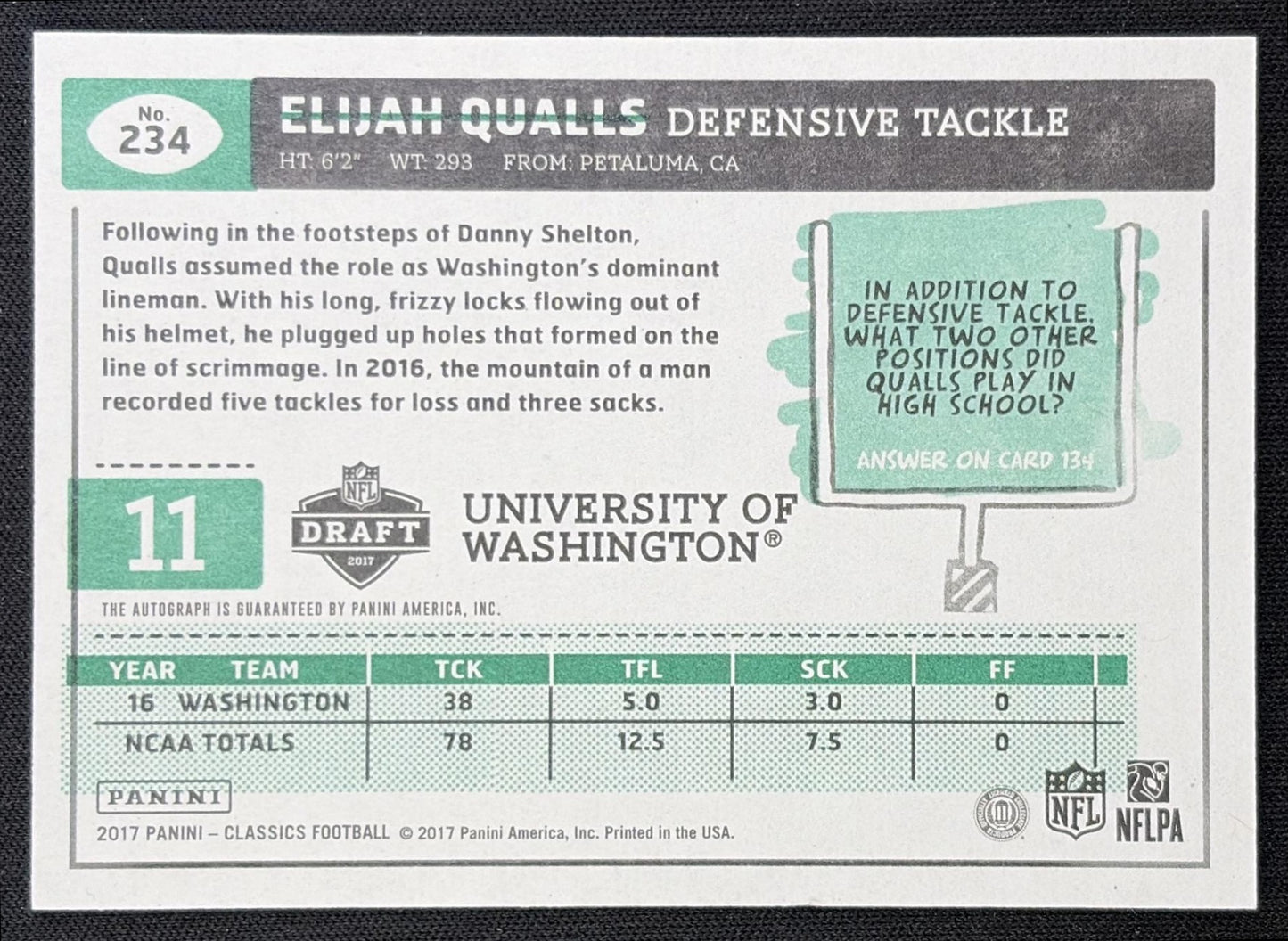 Elijah Qualls 2017 Panini Classics Significant Signatures /199 Huskies