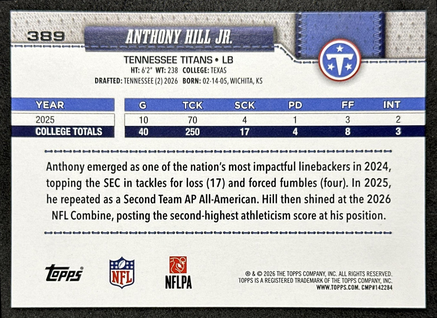 Anthony Hill Jr. 2026 Topps Flagship Rookie Titans Sports Trading Cards