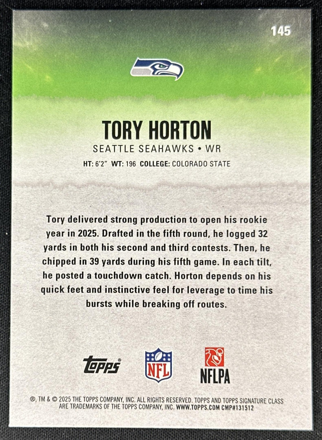 Tory Horton 2025 Topps Signature Class Green & Purple Rookie Seahawks back