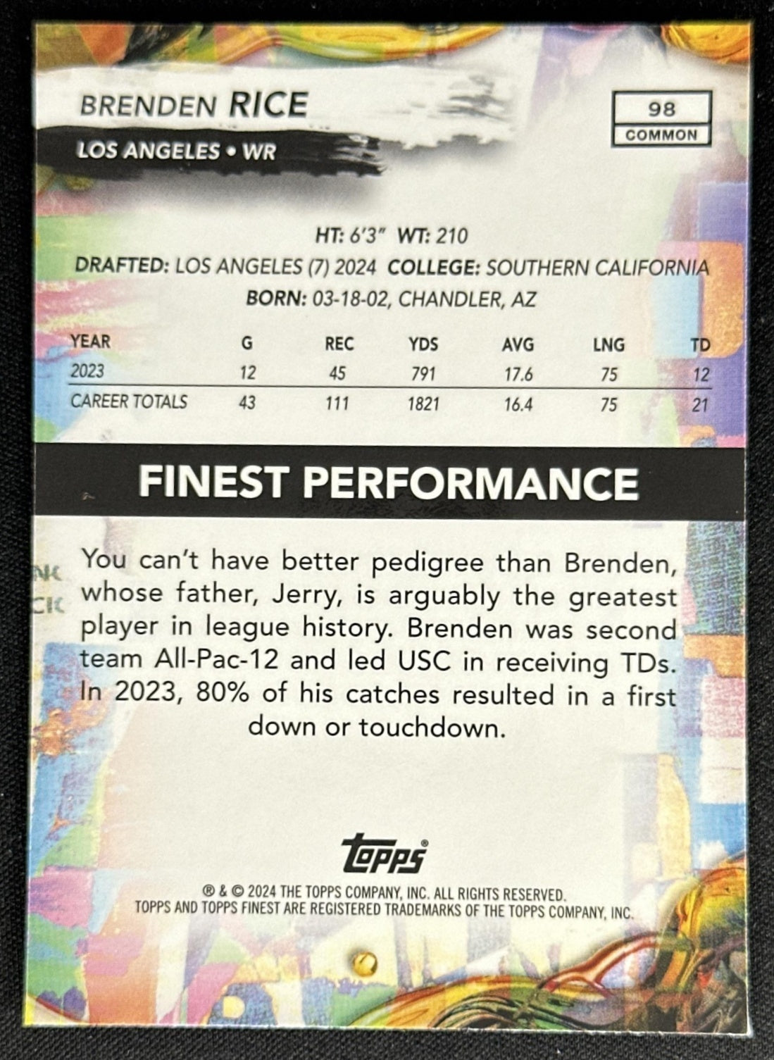 Brenden Rice 2024 Topps Finest Blue Geometric /99 Chargers