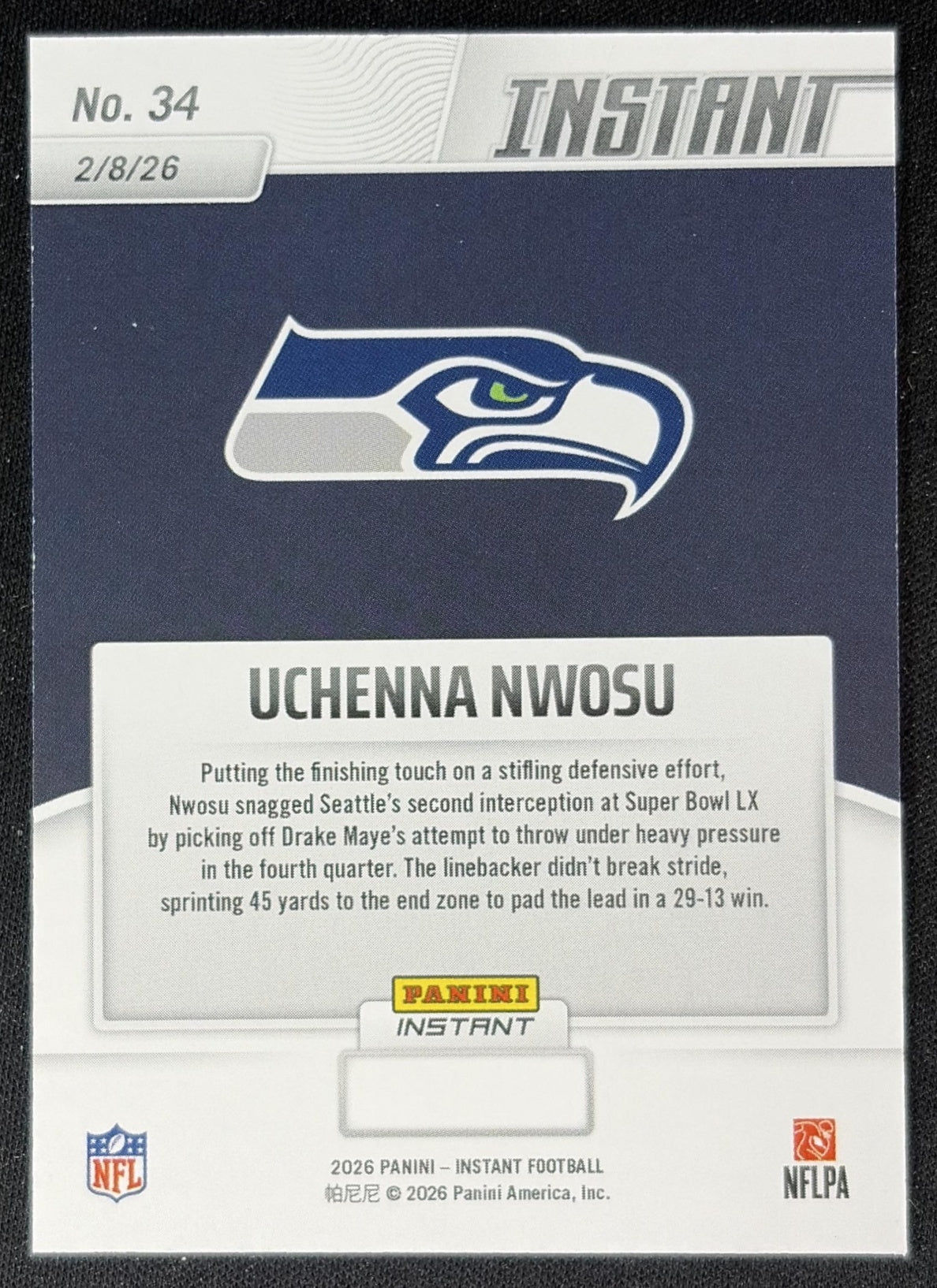Uchenna Nwosu 2026 Panini Instant Super Bowl LIX Champions Seattle Seahawks back