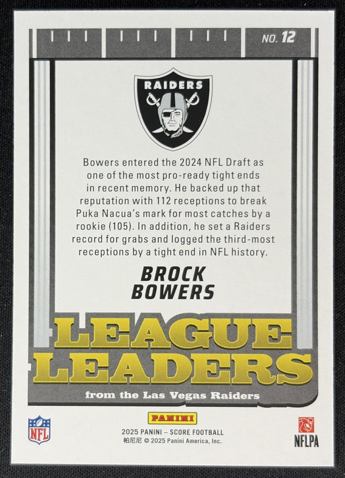 Brock Bowers 2025 Panini Score League Leaders Raiders Back