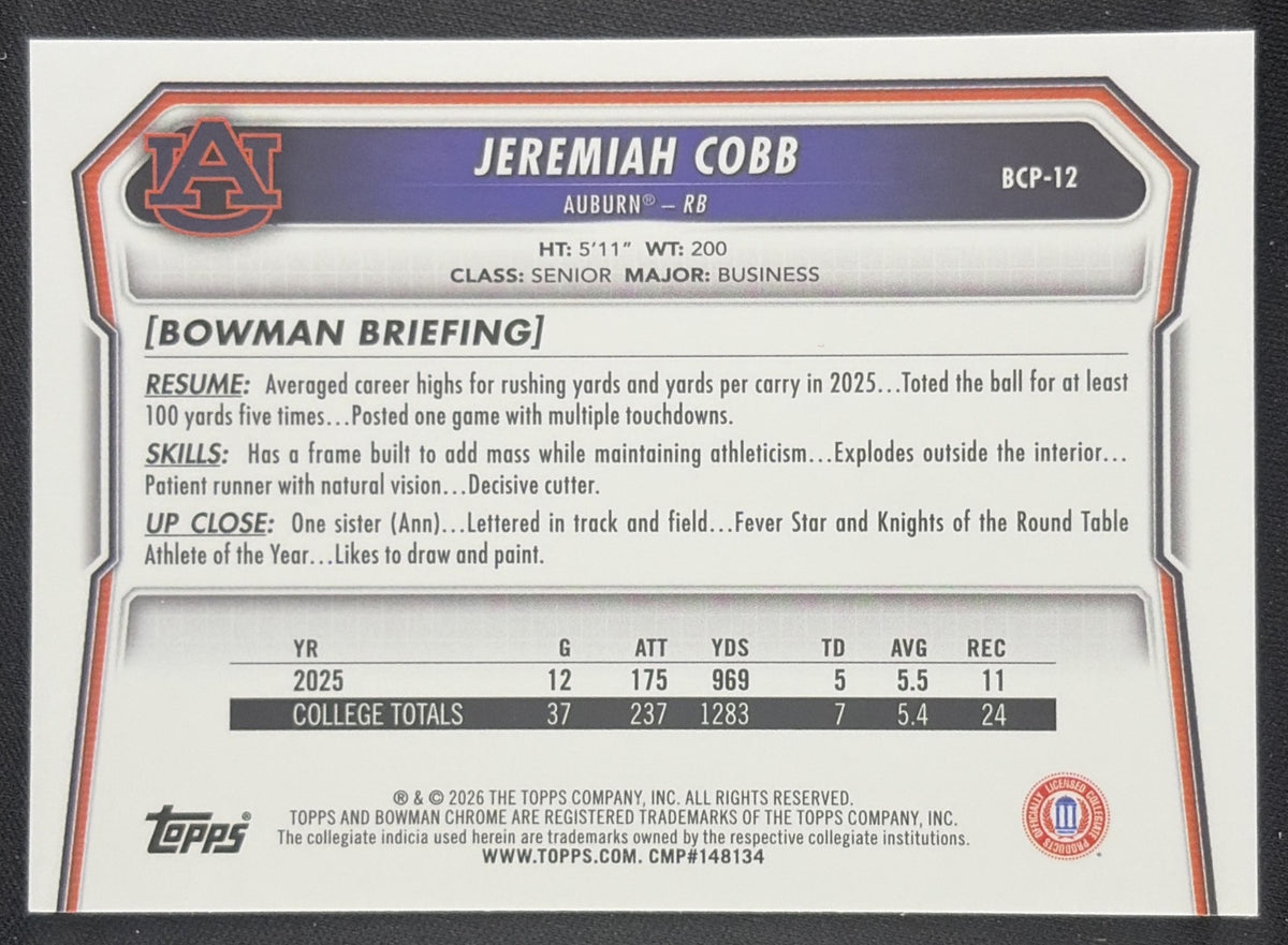 Jeremiah Cobb 2026 Bowman Chrome Prospects Mojo Refractor Tigers Auburn Tigers Sports Trading Card