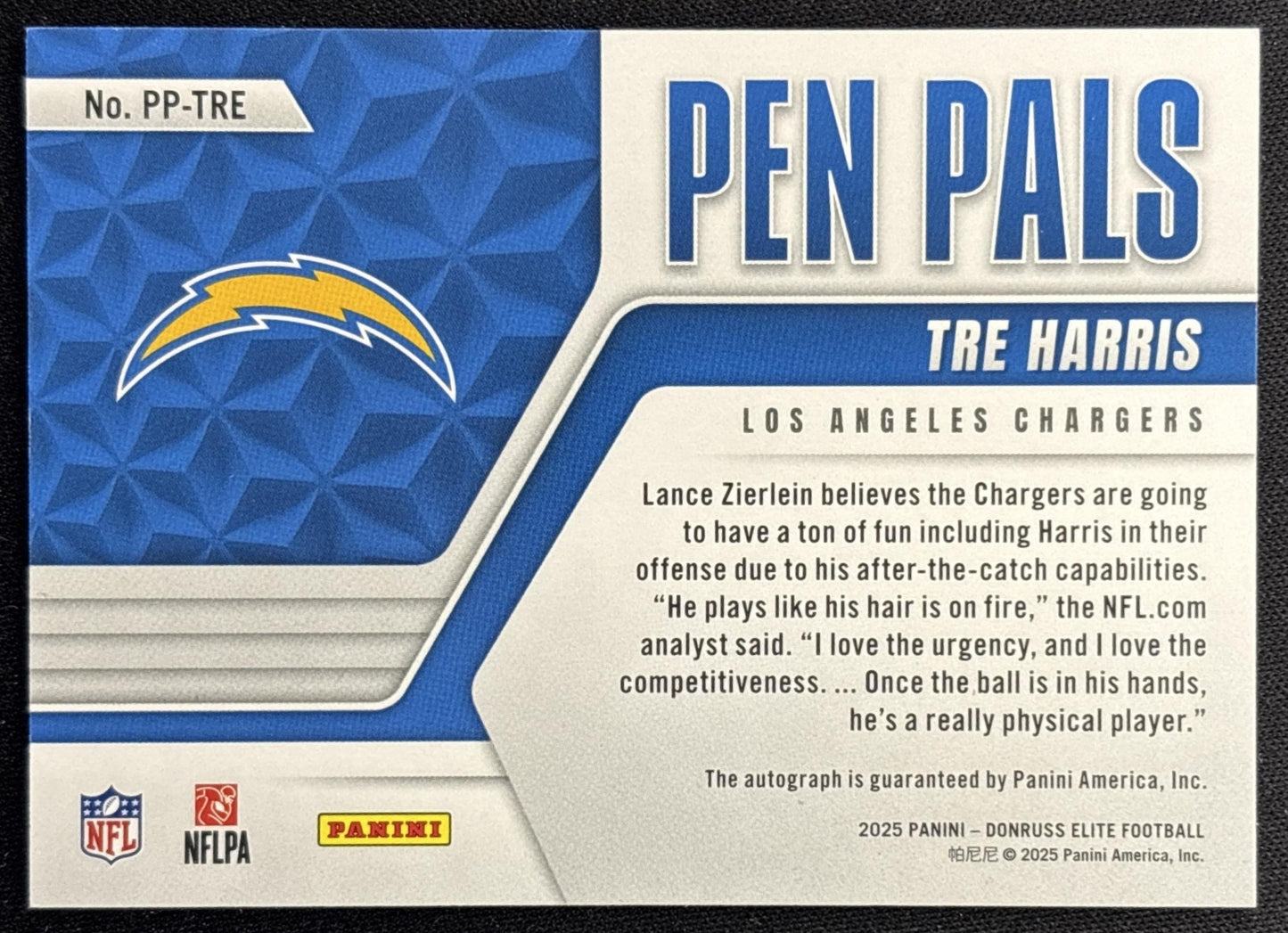 Tre Harris 2025 Panini Donruss Elite Pen Pals Horizontal Blue Ink Chargers Sports Trading Cards