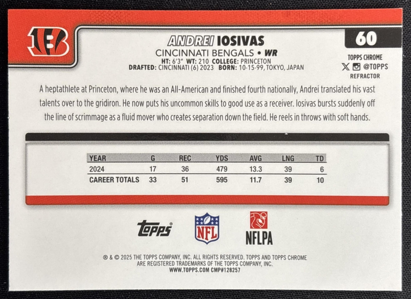 Andrei Iosivas 2025 Topps Chrome Refractor Bengals Sports Trading Cards