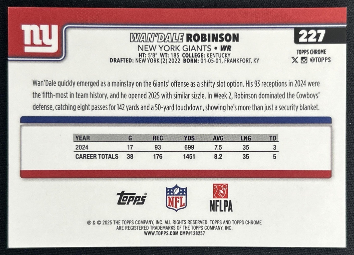 Wan'Dale Robinson 2025 Topps Chrome Black Wave Refractor /10 Giants back