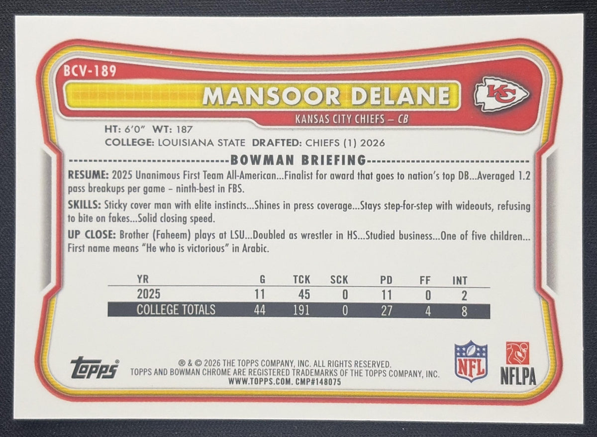 Mansoor Delane 2026 Bowman Chrome NFL Mojo Refractor Chiefs