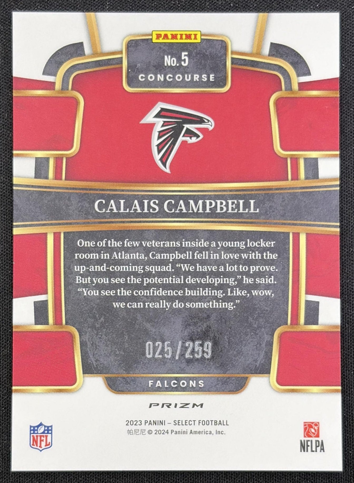 Calais Campbell 2023 Panini Select Tri Color Prizms /259 Falcons