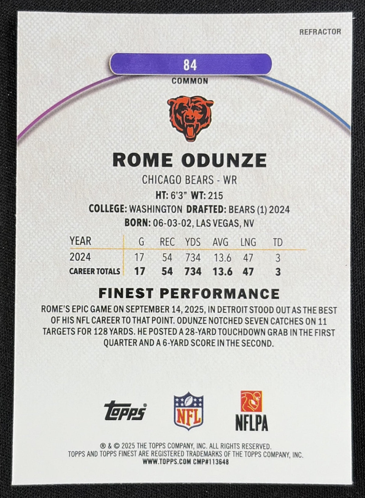 Rome Odunze 2025 Topps Finest Refractor Bears