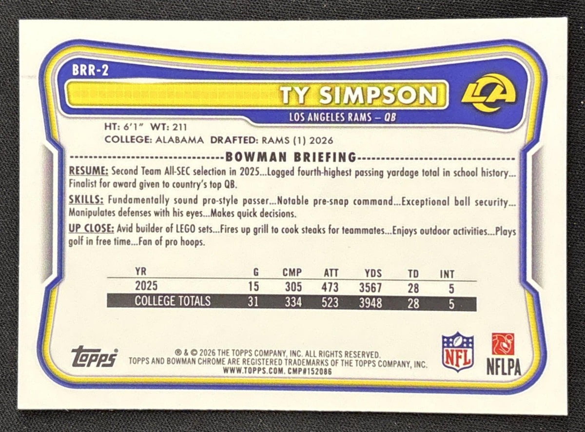 Ty Simpson 2026 Bowman Chrome Red RC Variation Rams Rookie