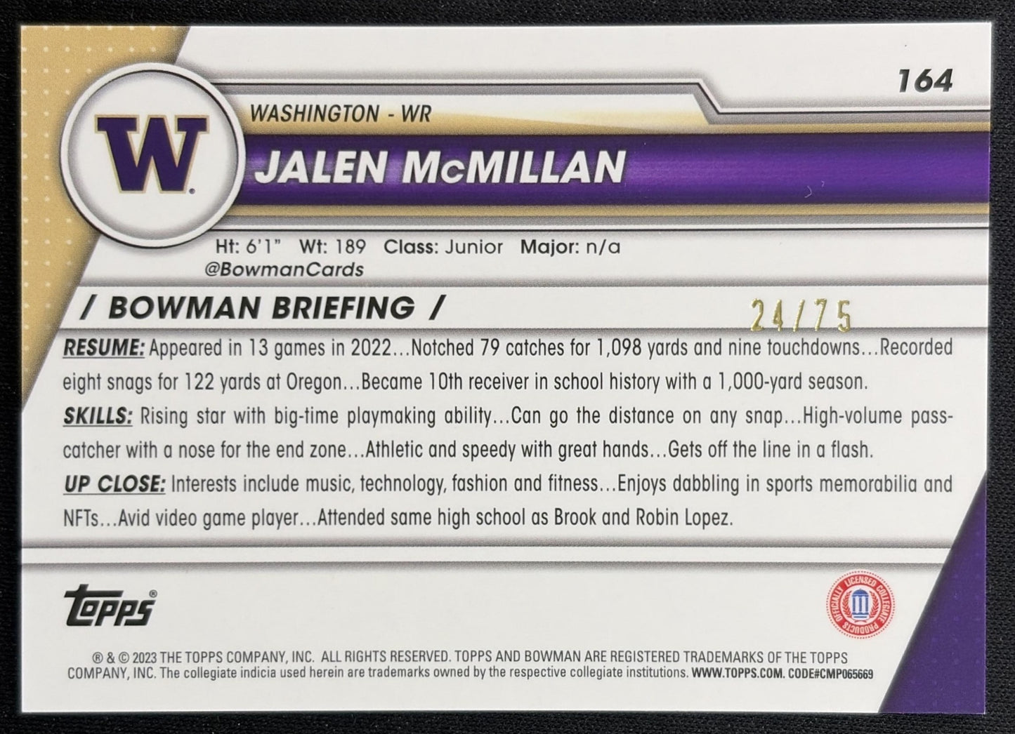 Jalen McMillan 2023 Bowman University Chrome Yellow Refractor /75 Huskies