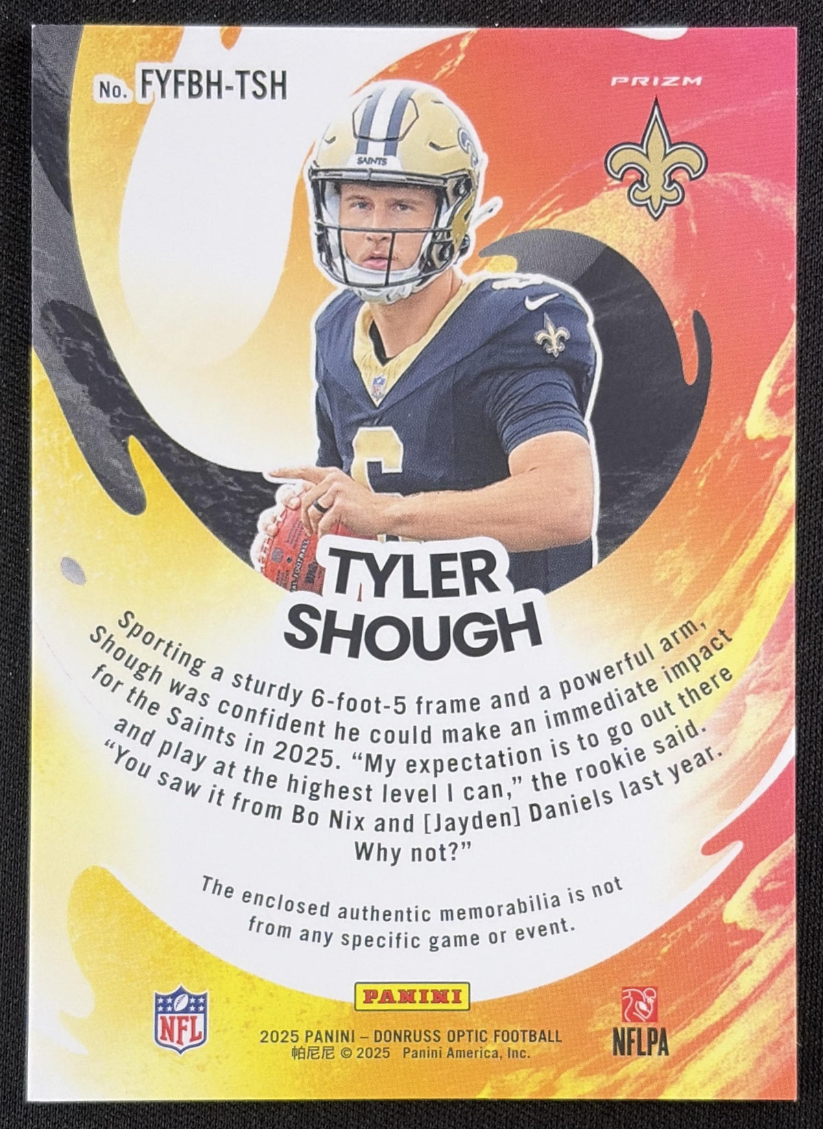 Tyler Shough 2025 Panini Donruss Optic First Year Fresh Blue Hyper Prizm Saints