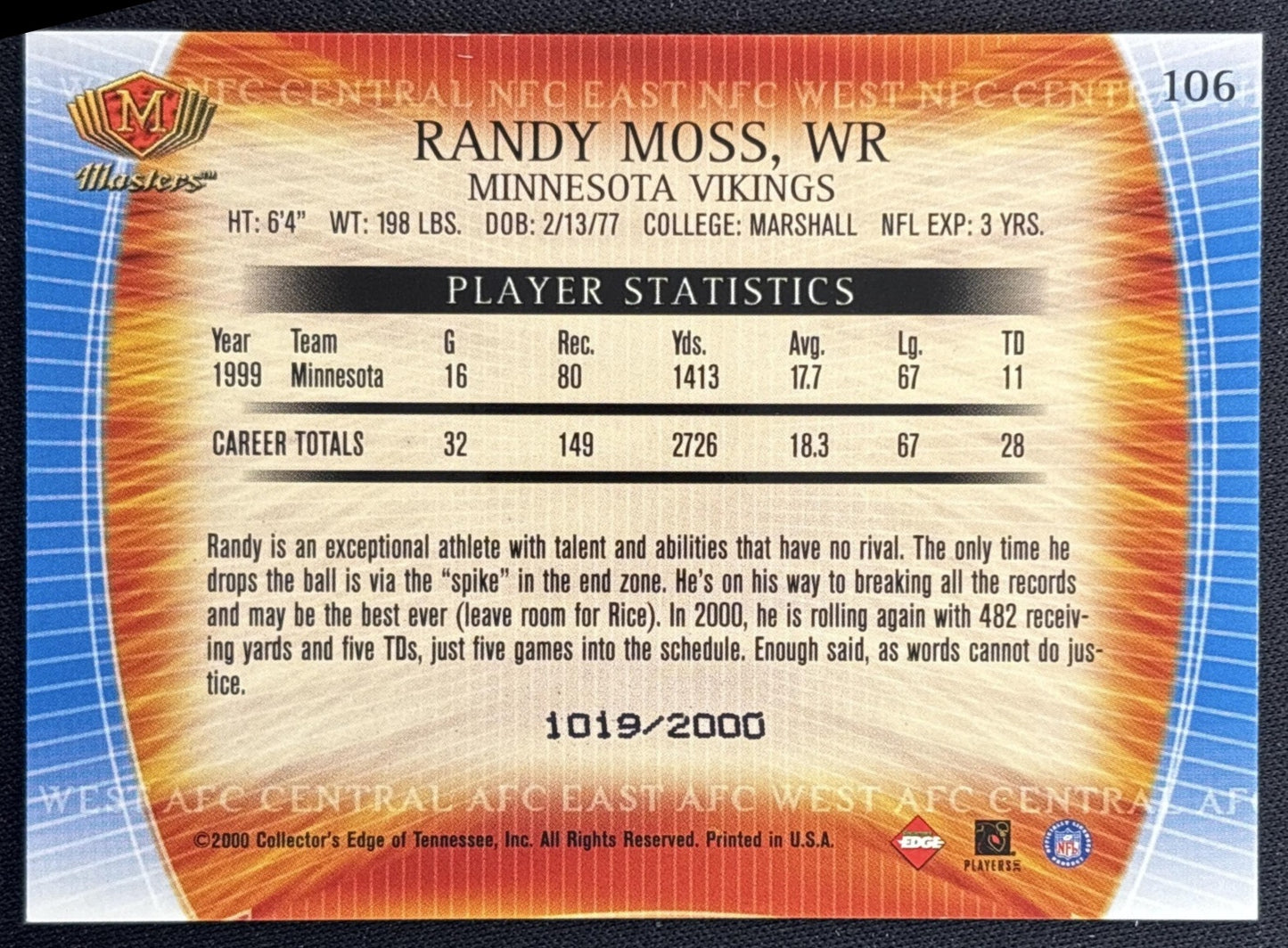 Randy Moss 2000 Collector's Edge Masters Retail Vikings Back