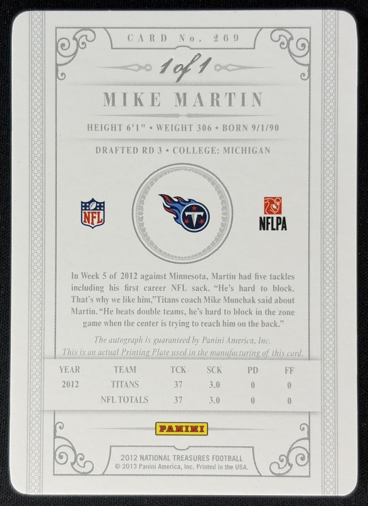 Mike Martin 2012 Panini National Treasures Printing Plates Magenta 1/1 Titans back