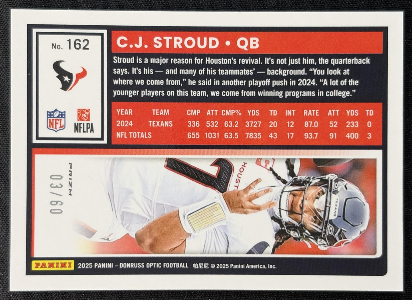 C.J. Stroud 2025 Panini Donruss Optic Purple Prizm /60 Texans Sports Trading Cards