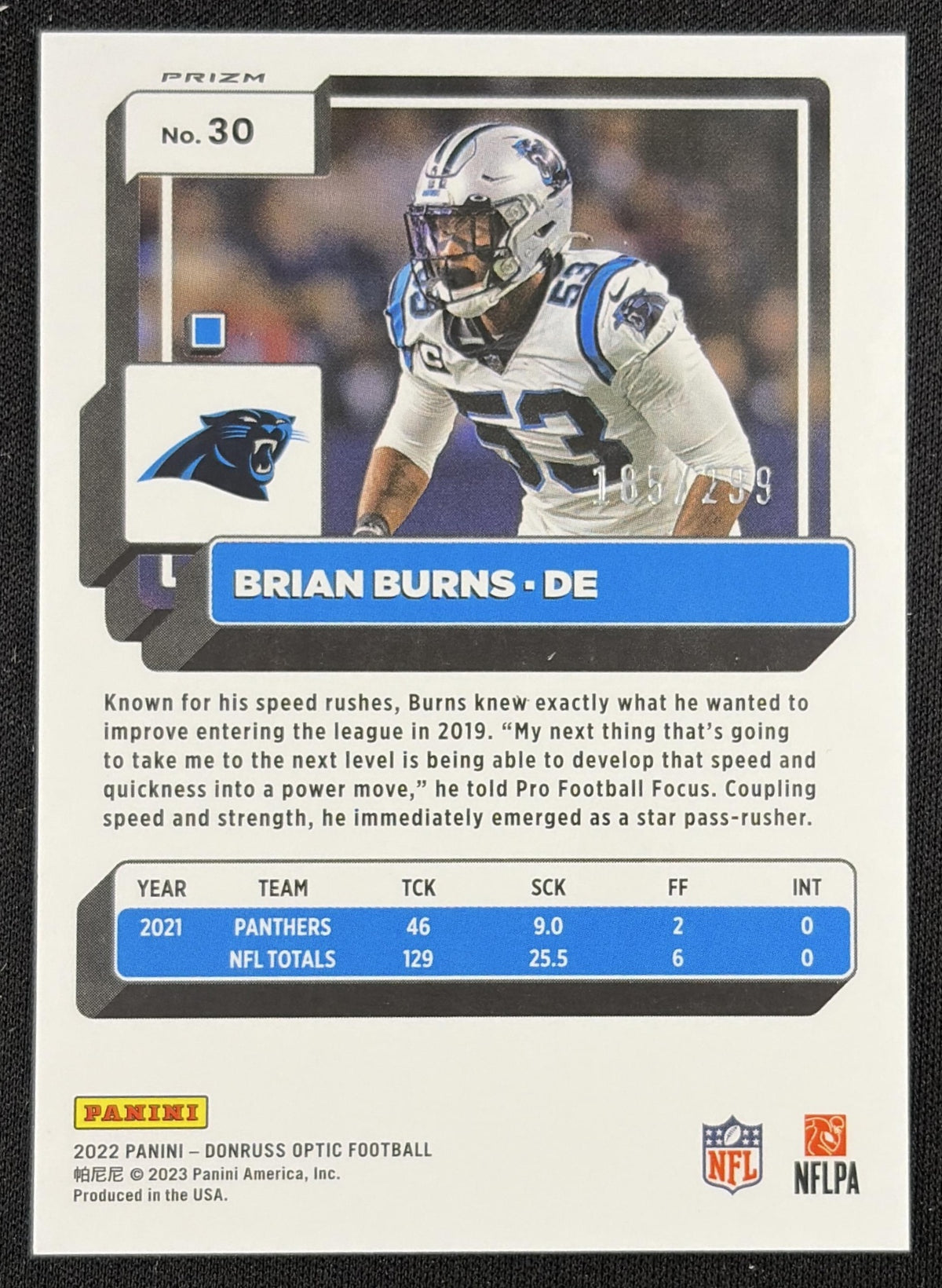 Brian Burns 2022 Panini Donruss Optic Blue /179 Panthers Sports Trading Card