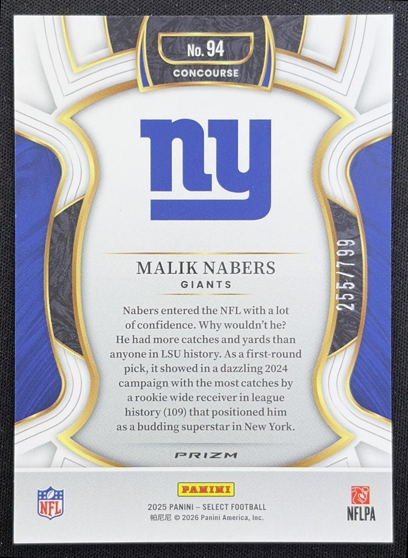 Malik Nabers 2025 Panini Select Concourse White Prizm Shock /799 Giants New York Giants back