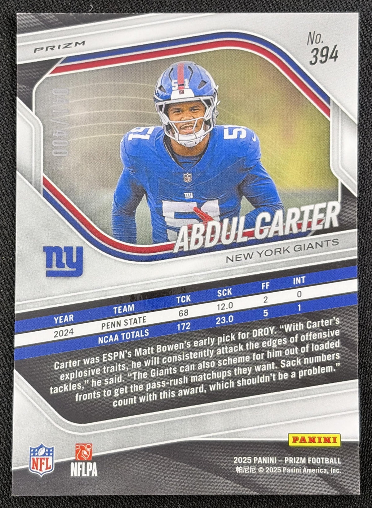 Abdul Carter 2025 Panini Prizm Pandora /400 Giants
