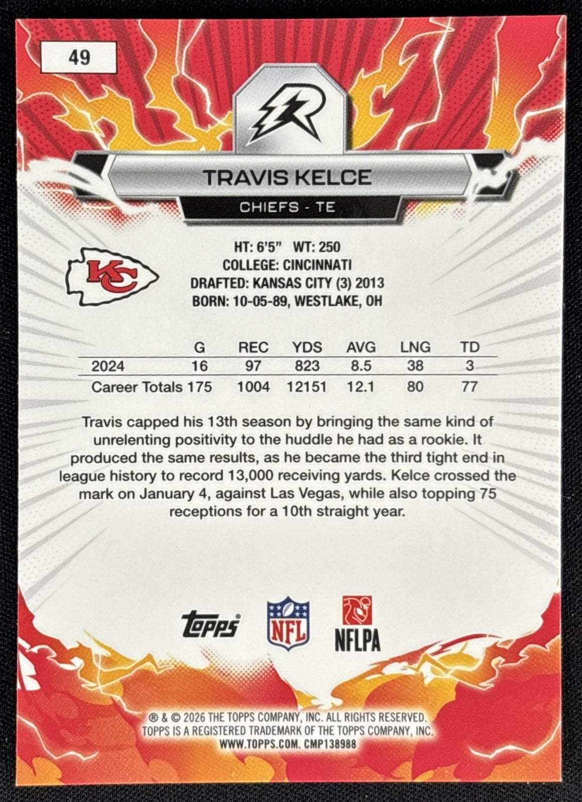 Travis Kelce 2025 Topps Resurgence Blue and Orange Spark Refractor Chiefs