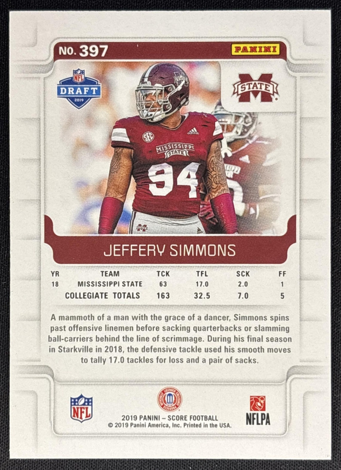Jeffery Simmons 2019 Panini Score End Zone /6 Bulldogs Sports Trading Cards