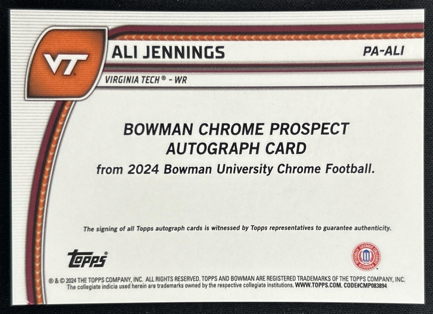 Ali Jennings 2024 Bowman Chrome University Prospect Auto Hokies