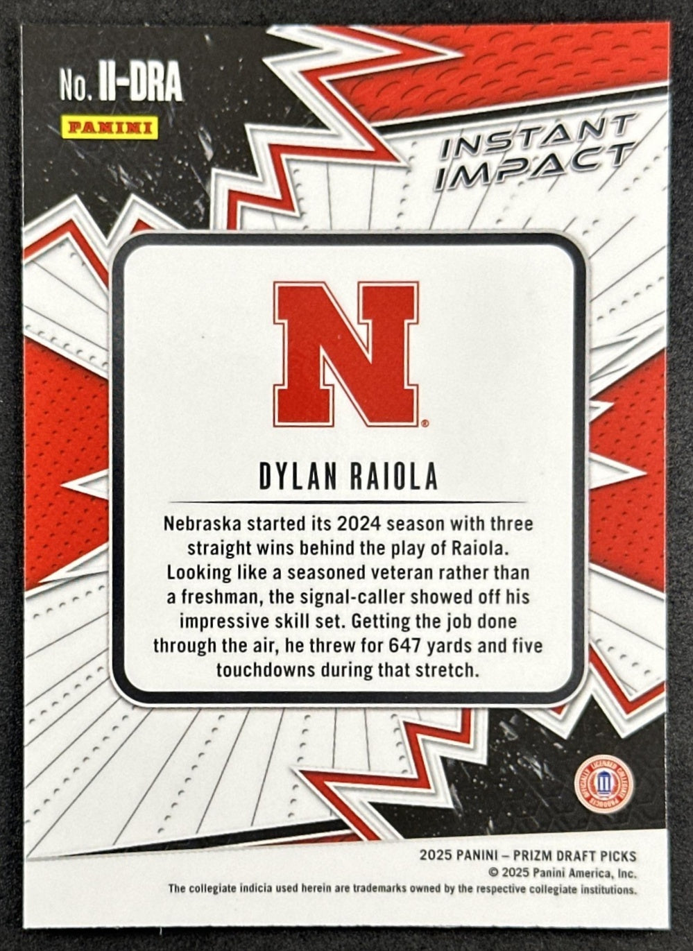 Dylan Raiola 2025 Panini Prizm Draft Picks Instant Impact Cornhuskers