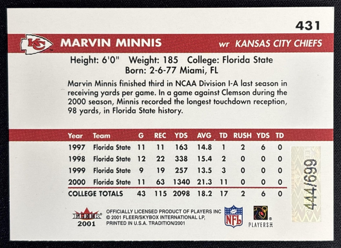 Marvin Minnis 2001 Fleer Tradition Glossy Rookie Stickers /699 Chiefs