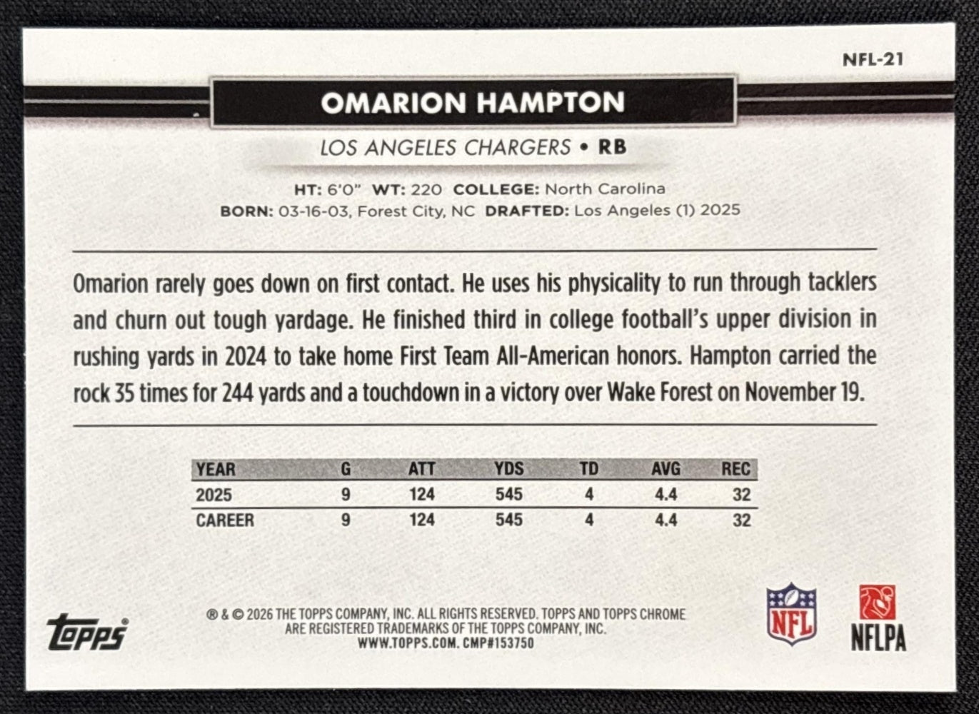 Omarion Hampton 2026 Topps NSCC Collection NFL Chargers Sports Trading Cards