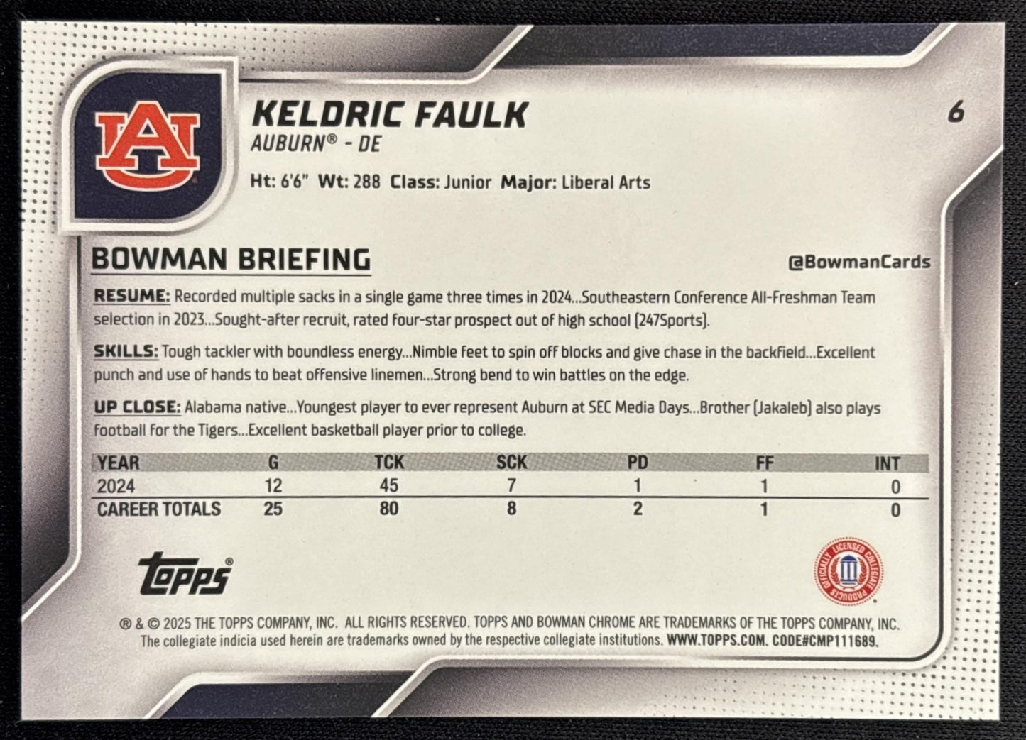 Keldric Faulk 2025 Chrome University Sapphire Prospect Gold Refractor /50 Tigers Sports Trading Cards