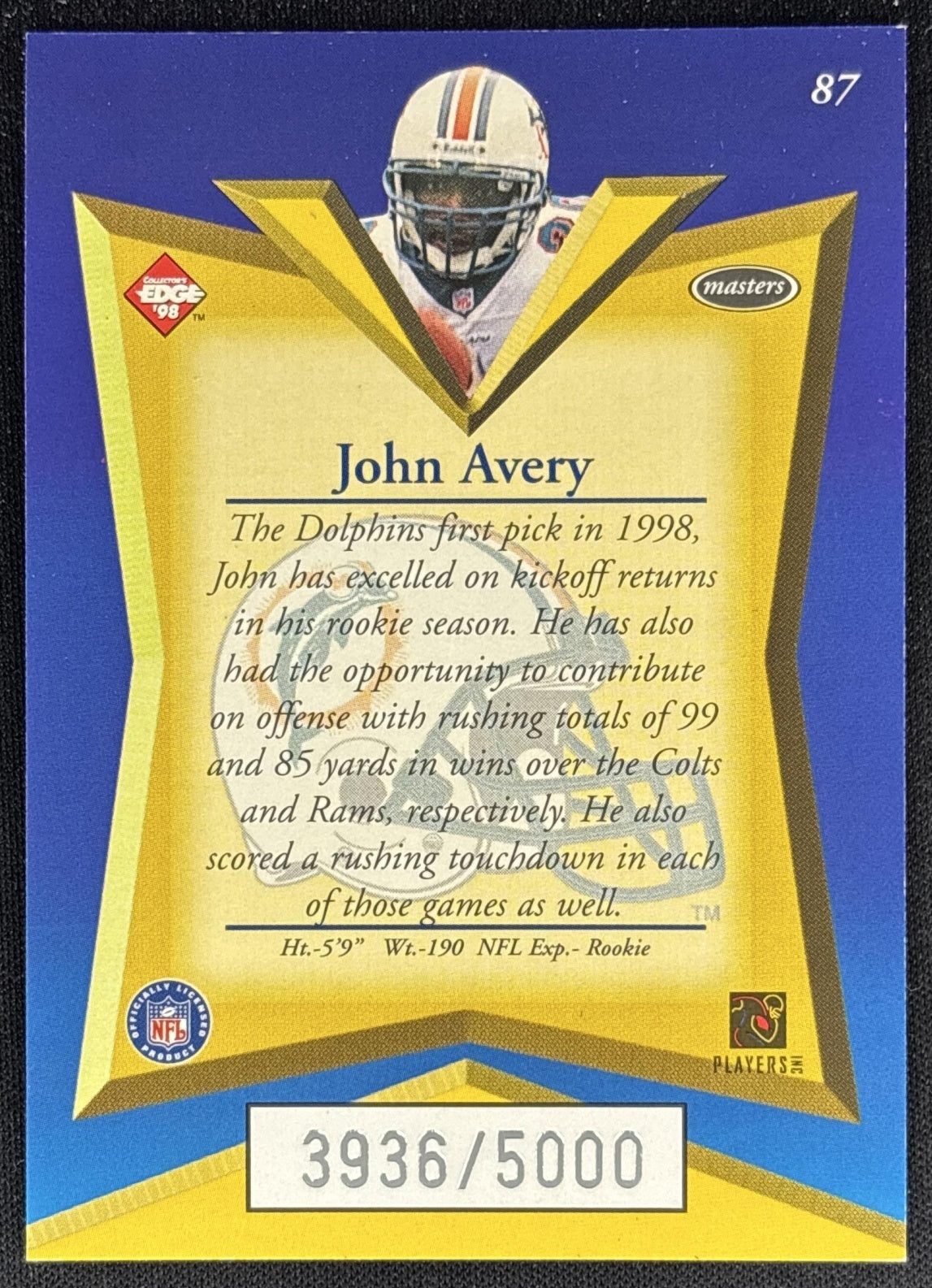 John Avery 1998 Collector's Edge Masters Dolphins back