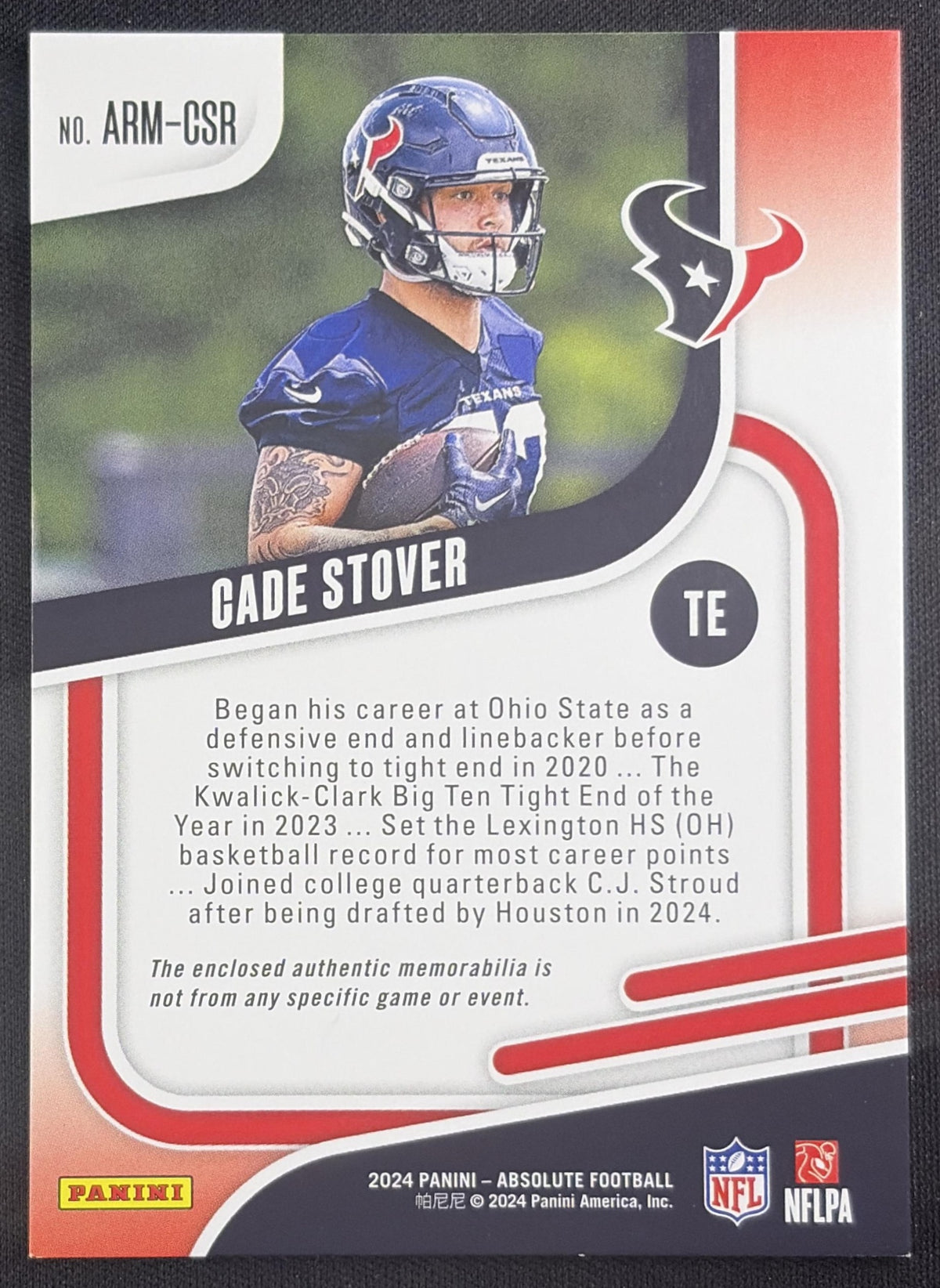 Cade Stover 2024 Panini Absolute Rookie Materials Texans
