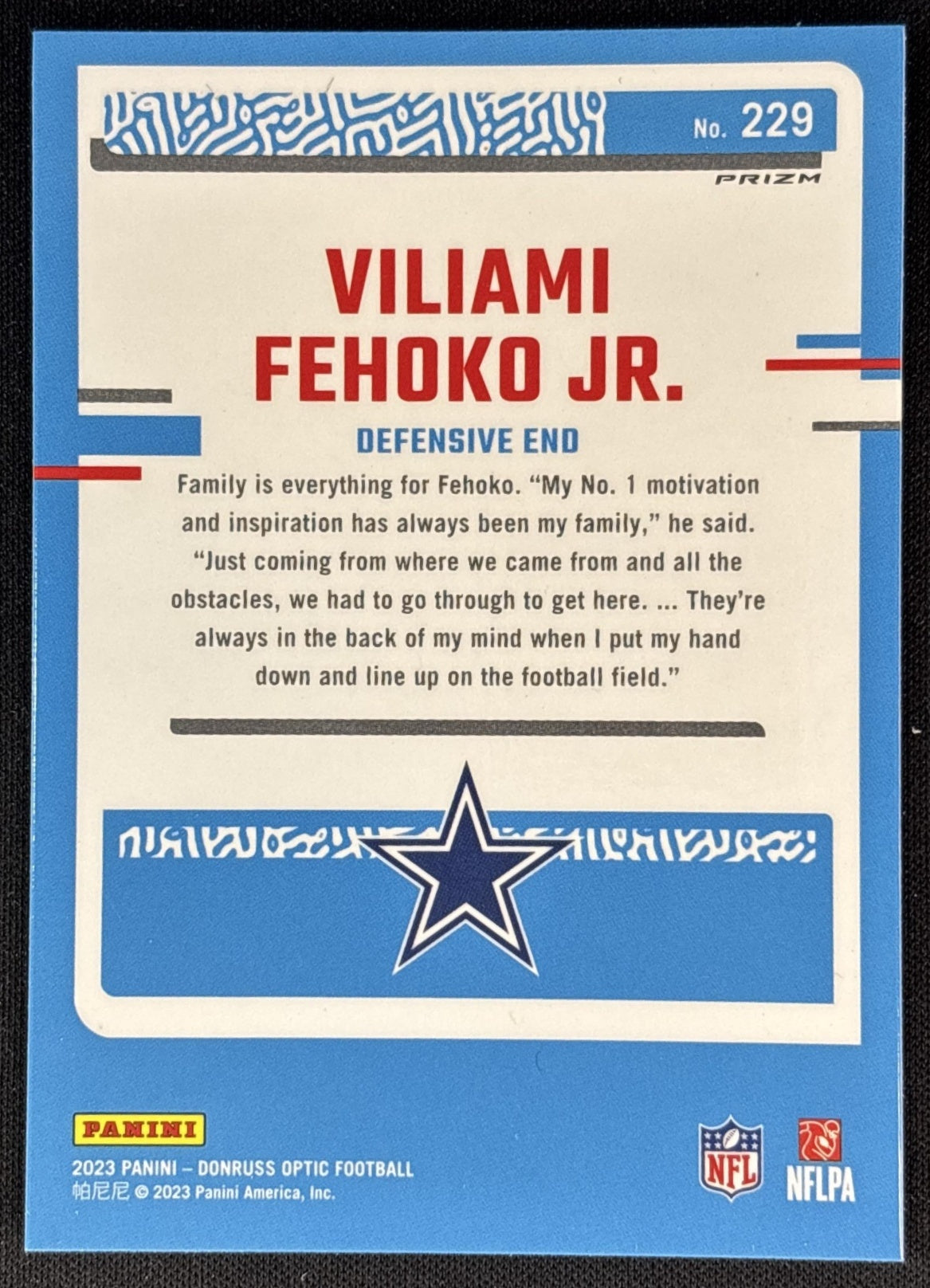 Viliami Fehoko Jr. 2023 Panini Donruss Optic Green Velocity Prizm Cowboys