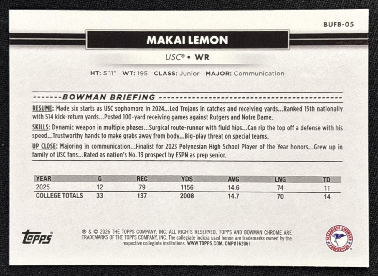 Makai Lemon 2026 Topps NSCC Collection Bowman U Chrome Sports Trading Cards