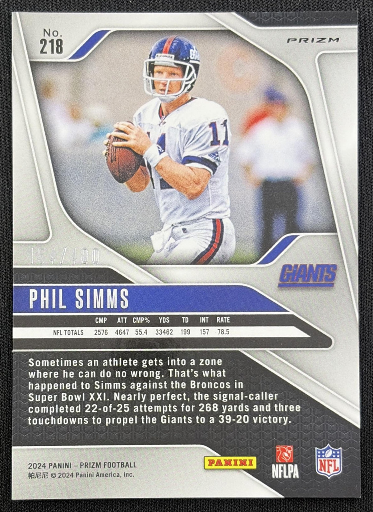 Phil Simms 2024 Panini Prizm Pandora /400 Giants back